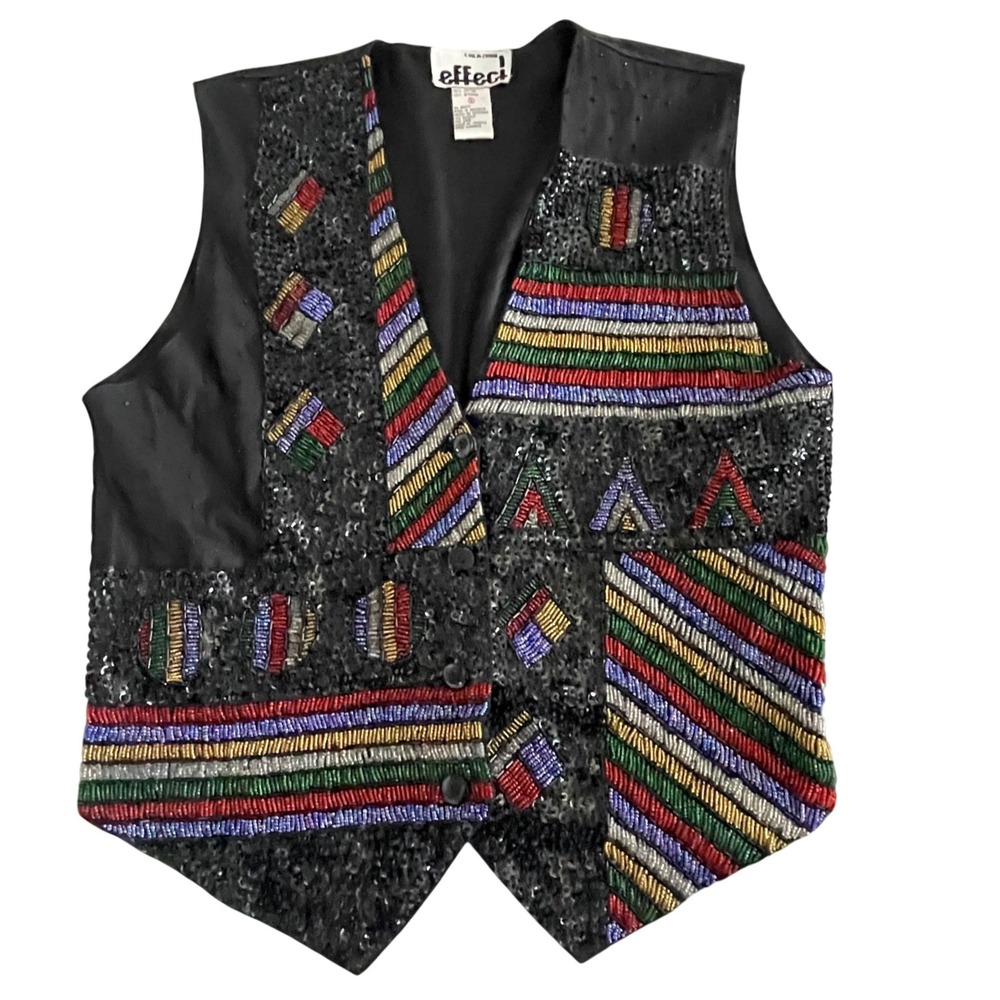 Effeci Black Beaded Sequin Vest Small Artsy Tribal Geo Party Top Boho Festival‎